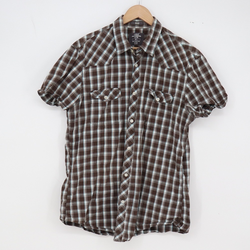 L.O.G.G. H&M Shirt Mens L Fitted Western Plaid Brown Blue Pearl Snap Excellent